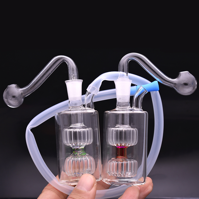High Quality Colorful Glass Bong Oil Burner Pipe Double Matrix Filter Perc Dab Oil Rigs Bubbler Mini Recycler Water Pipes with 10mm Oil Nail Bowl and Hose