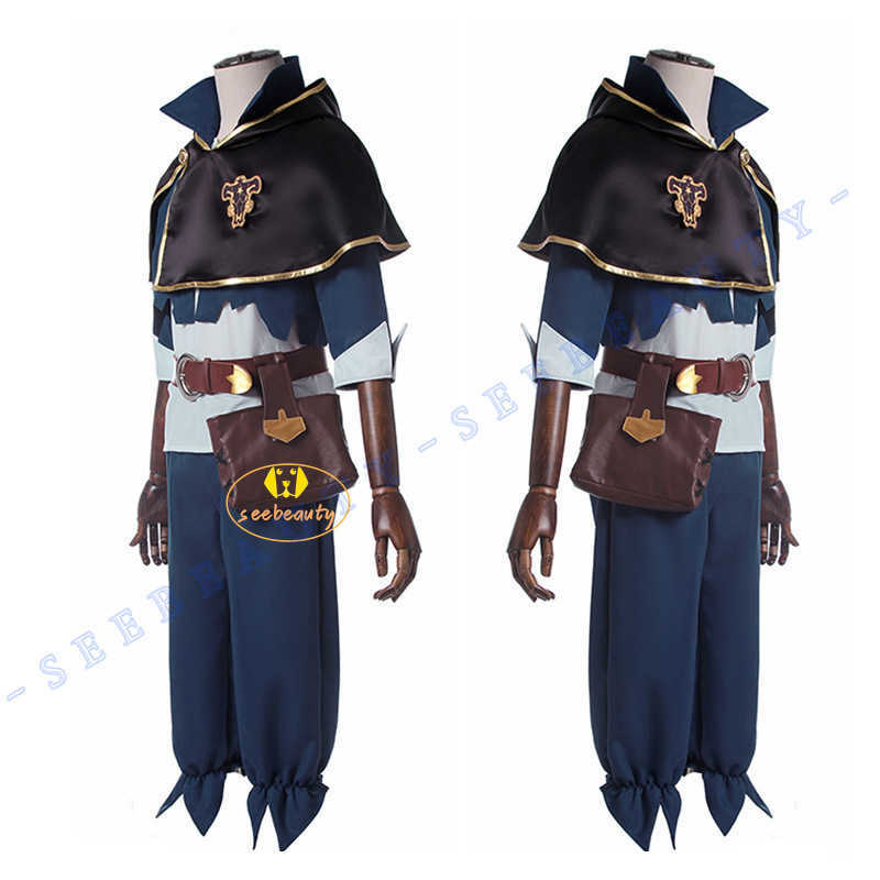 Anime Costumes Anime Black Clover Asta Cosplay Come Wig Five Leaf Clover Black Bull Cape Cloak White Top Blue Pants Noelle Finral Men Party Z0301
