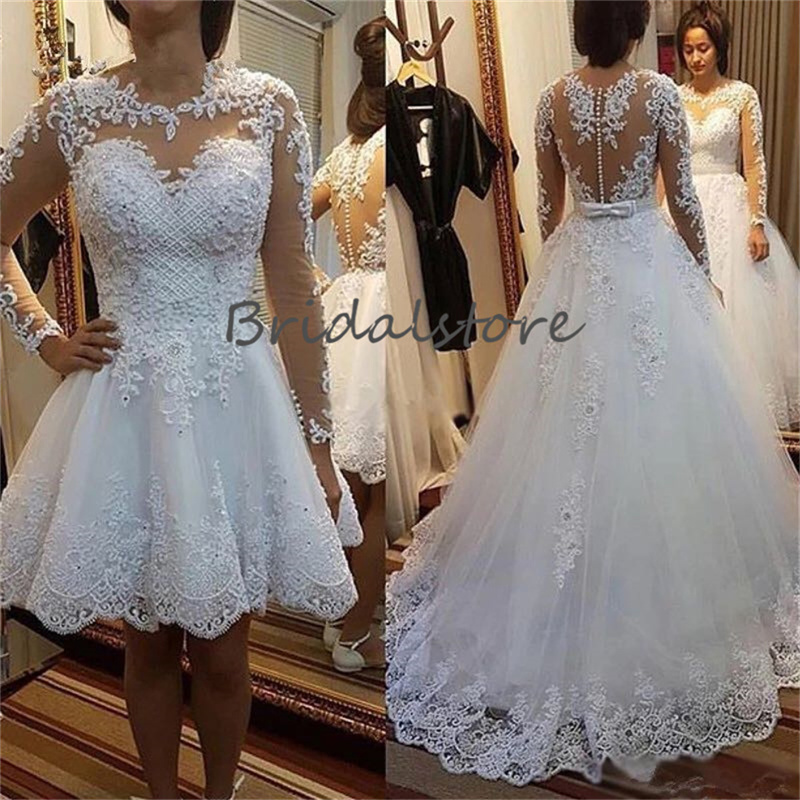 2 in 1 White Wedding Dress 2023 Detachable Skirt With Pearls Luxury Long Sleeve A Line Tulle Short Bride Dresses O Neck Backless Beach Bridal Gowns Be