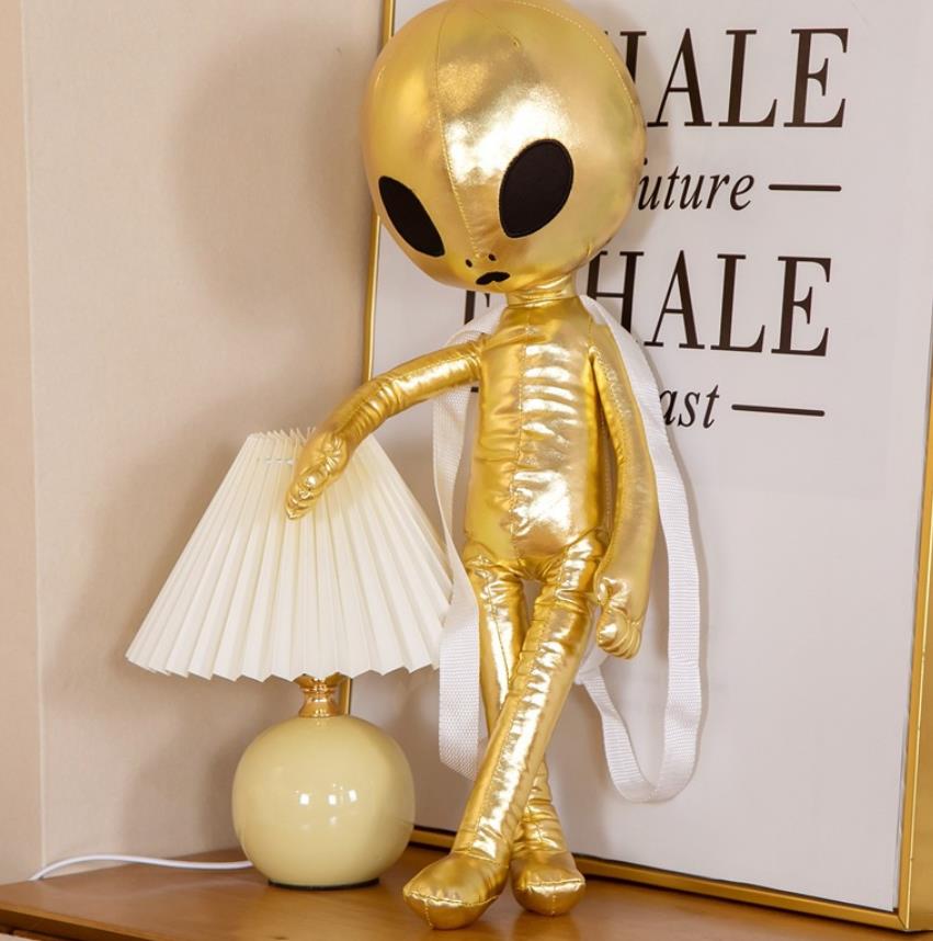 Cool Alien Backpack Holographic Rucksack Plush Stuffed Doll Toys Bag Party Favors for Kids Men Women Silver Gold 3D Pu Leather