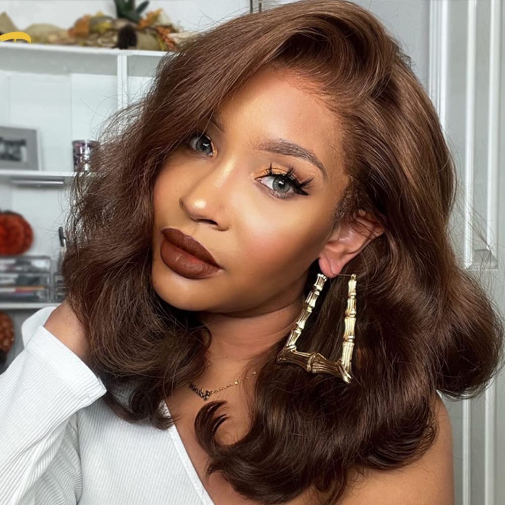 Hd transparent lace chocolate brown lace front wig cooper red orange fashion colored wavy bob short human hair wig pre plucked 150% density full natur