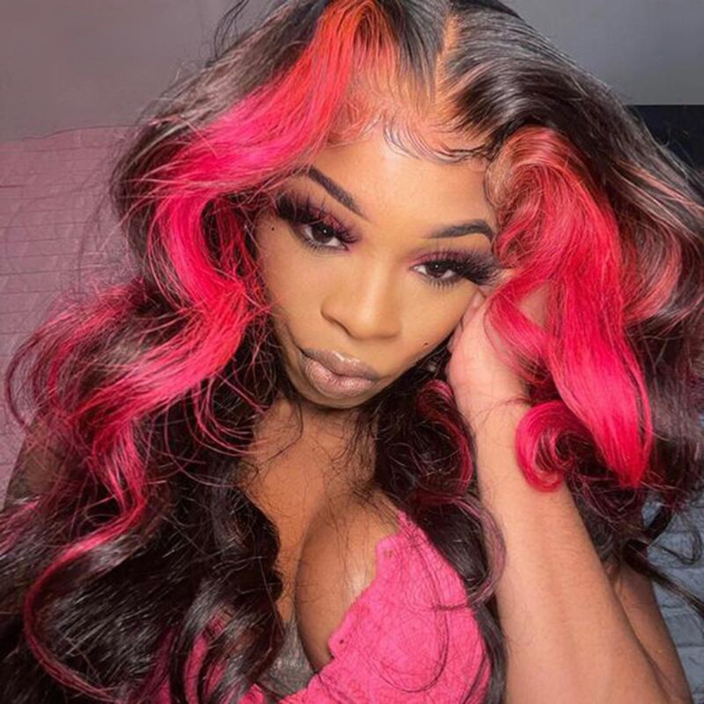 36Inch Ombre Pink Color Body Wave Wig Human Hair Pre Plucked 13X4 Synthetic Lace Front Wigs For Black Women