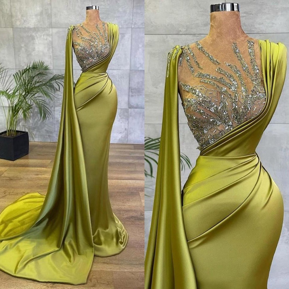 New Prom Party Gown Formal Evening Dresses Girls Pageant Satin Plus Size Custom Ball Gown Mermaid Trumpet O-Neck Illusion Sleeveless Sequined Pleat