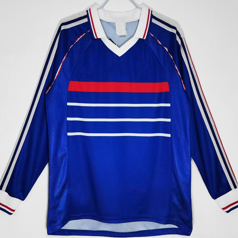 1998 frAnCes retro soccer jerseys 1998 home jersey ZIDANE HENRY MAILLOT football shirt REZEGUET DESAILLY 98 frenchs long sleeve Classic Vintage de foot shirts