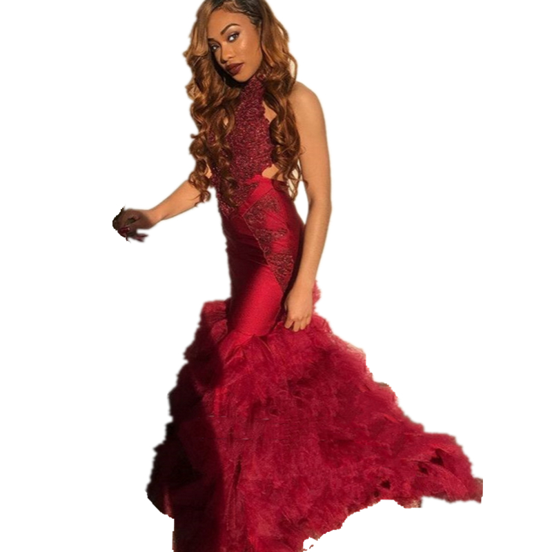 Sexy Burgundy African Mermaid Prom Dresses Halter Neck Backless Lace Applique Tiered Long Formal Evening Gowns Black Girls Celebrity Party Dress