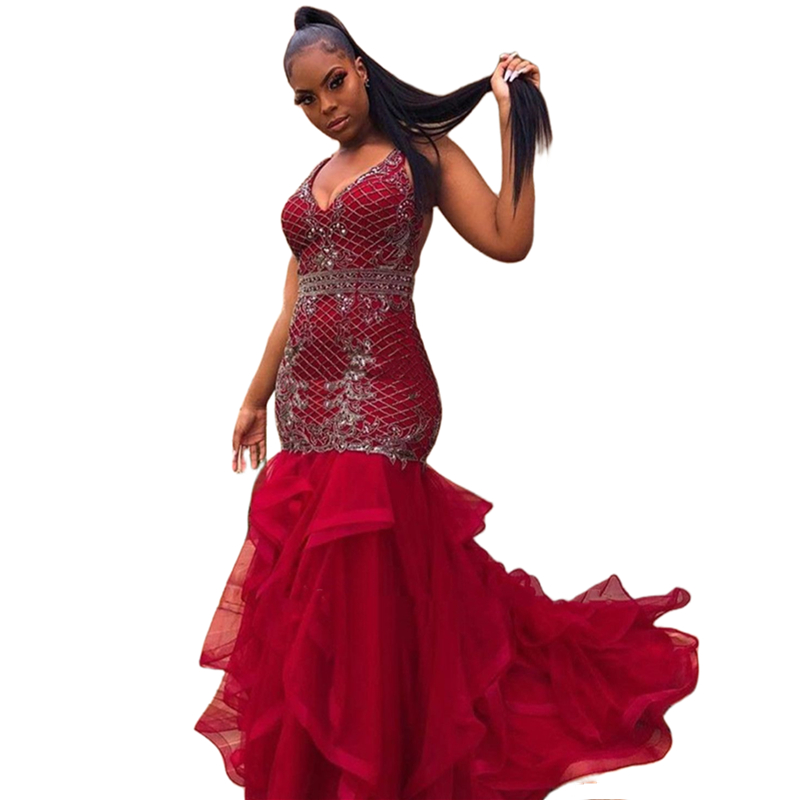 Sexy Halter Backless Long Mermaid Prom Dresses Sequin Lace Applique Tiered Glitter African Women Prom Brithday Party Gowns 2023 Formal Evening Dress