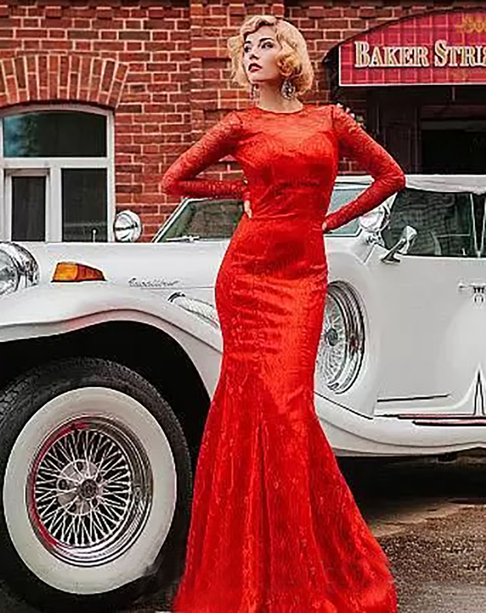 Red Prom Party Gown Lace Evening Dresses Formal Girls Pageant Mermaid Long Sleeve Custom New Plus Size O-Neck Button Floor-Length
