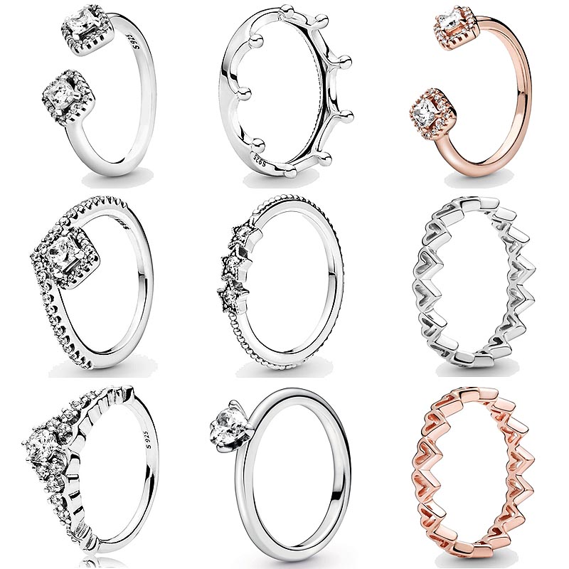 925 Silver Women Fit Ring Original Heart Crown Fashion Rings Polished Crown Celestial Stars Square Sparkle Open