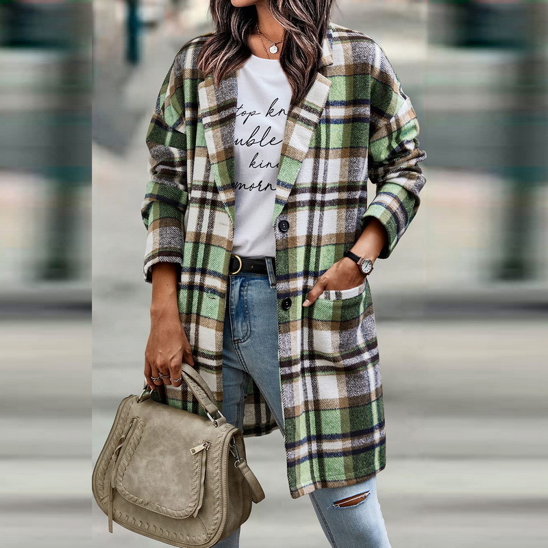 Women s Jackets Plaid Shacket Jacket Casual Button Lapel Wool Blend Trench Coat with Pockets Long Sleeve Outerwear 230303