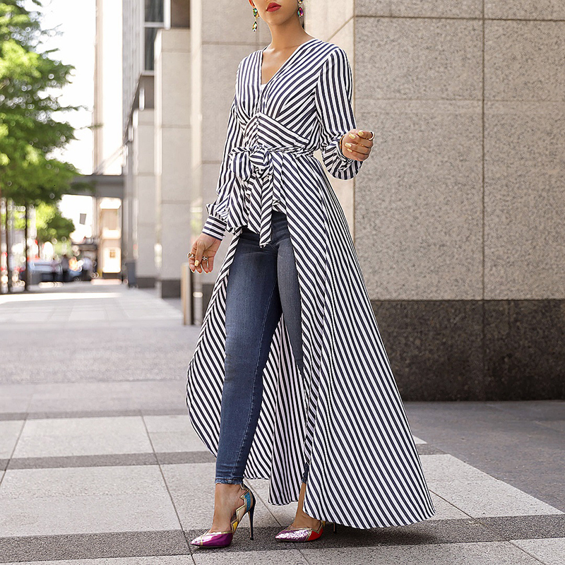 Women s Blouses Shirts Striped Tie Waist Dip Hem Irregular Blouse Casual Long Shirt Workwear Office Formal V Neck Top 230303