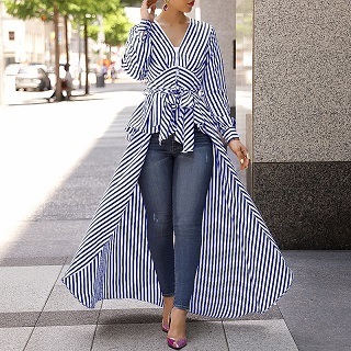 Women s Blouses Shirts Striped Tie Waist Dip Hem Irregular Blouse Casual Long Shirt Workwear Office Formal V Neck Top 230303