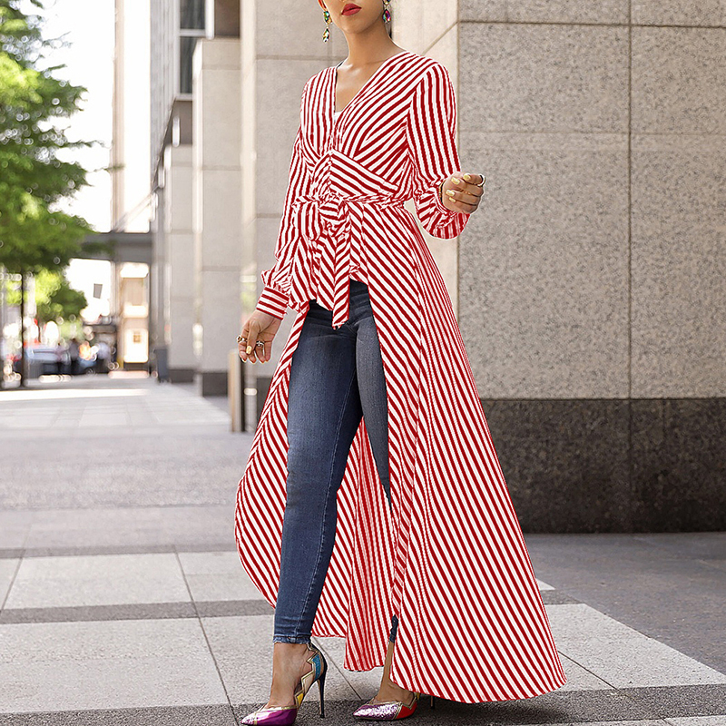 Women s Blouses Shirts Striped Tie Waist Dip Hem Irregular Blouse Casual Long Shirt Workwear Office Formal V Neck Top 230303