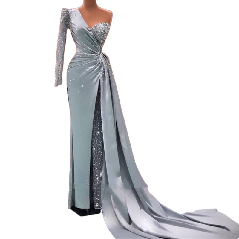 Elegant Arabic One Shoulder Formal Evening Dresses Satin And Sequined Sheath Long Prom Dress With Detachabe Train Side Slit Pleats Beaded Special Occa