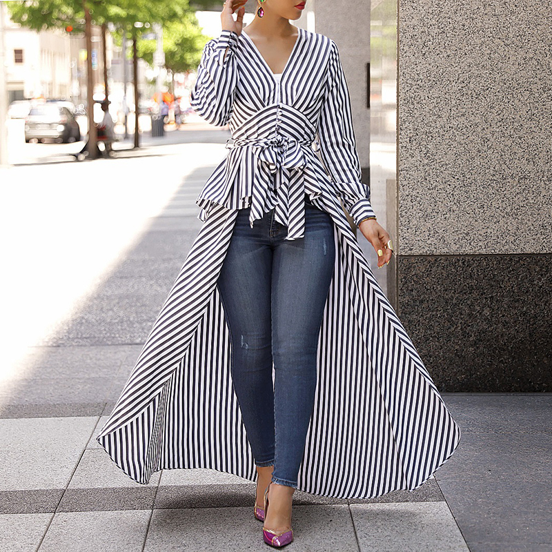 Women s Blouses Shirts Striped Tie Waist Dip Hem Irregular Blouse Casual Long Shirt Workwear Office Formal V Neck Top 230303