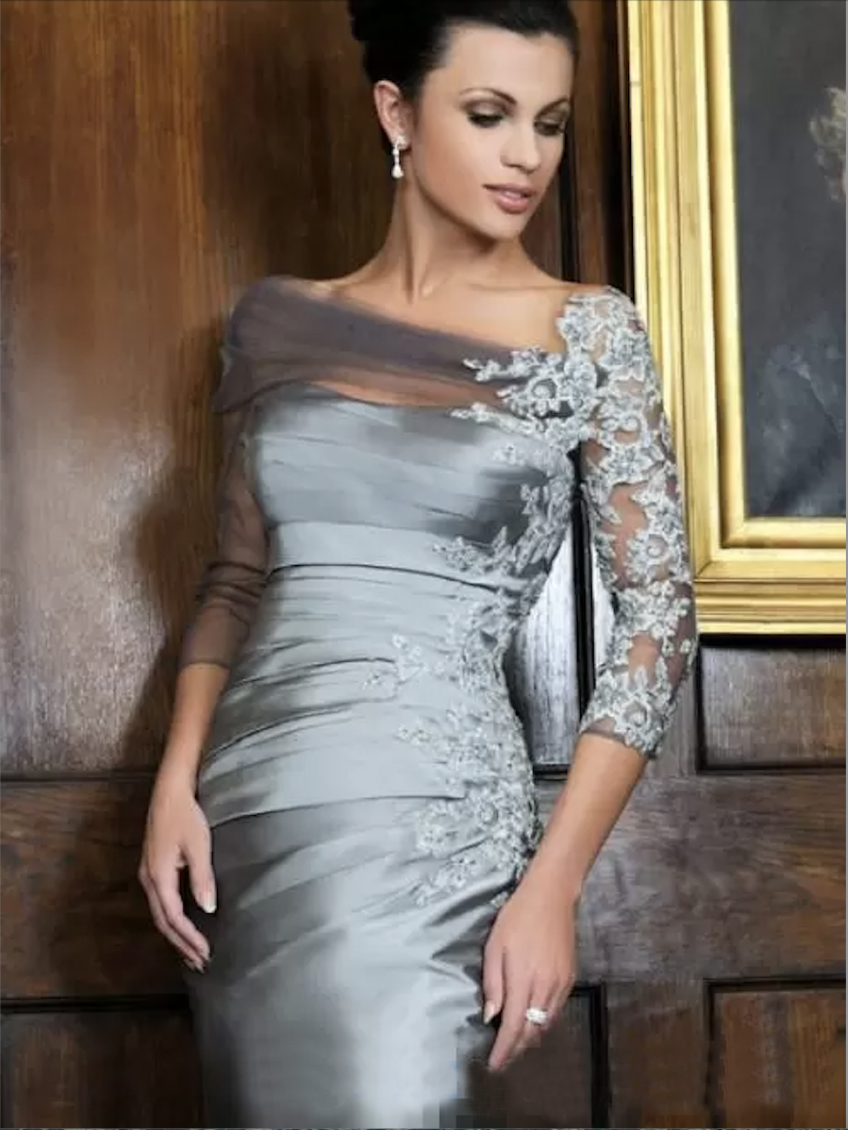 Cheap Appliqued Of The Bride Dresses 3/4 Sleeve Bateau Neck Formal Evening Gowns Tea Length Real Images Taffeta Mother Groom Dress Lz0304