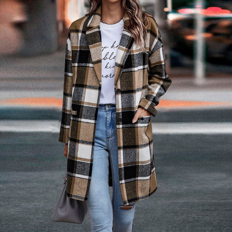 Women s Jackets Plaid Shacket Jacket Casual Button Lapel Wool Blend Trench Coat with Pockets Long Sleeve Outerwear 230303