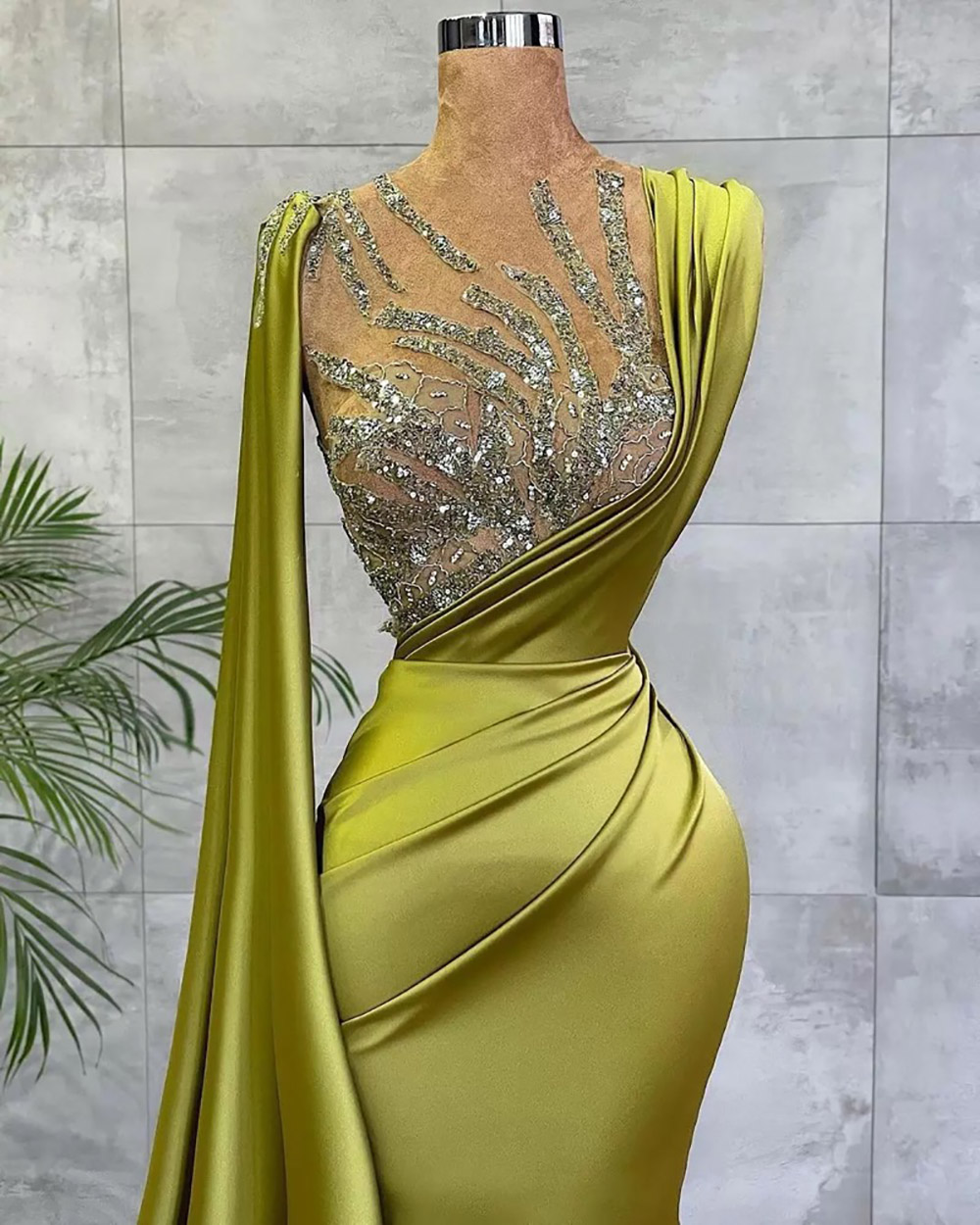 New Prom Party Gown Formal Evening Dresses Girls Pageant Satin Plus Size Custom Ball Gown Mermaid Trumpet O-Neck Illusion Sleeveless Sequined Pleat