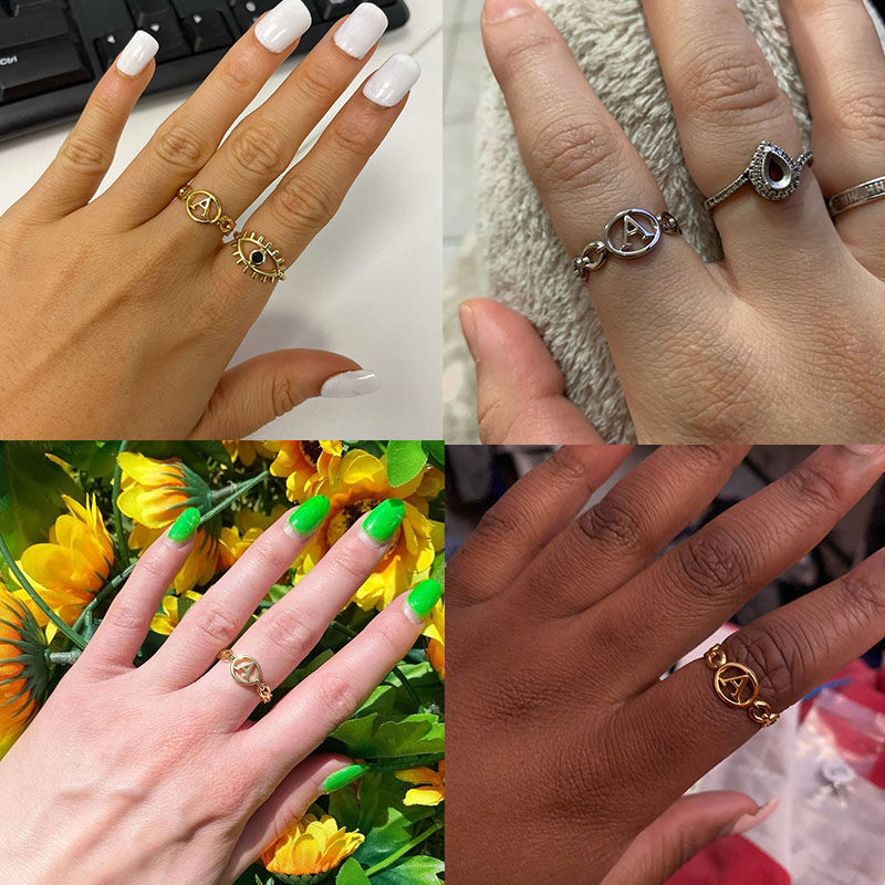 Hollow Initial Letter Rings For Women Stainless Steel Gold Color Link Adjustable Ring Female Wedding Aesthetic Jewelry G