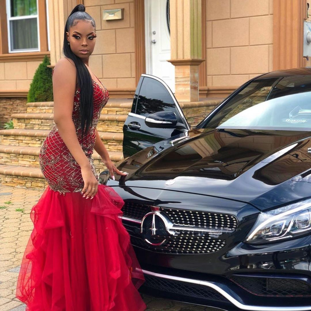 Sexy Halter Backless Long Mermaid Prom Dresses Sequin Lace Applique Tiered Glitter African Women Prom Brithday Party Gowns 2023 Formal Evening Dress