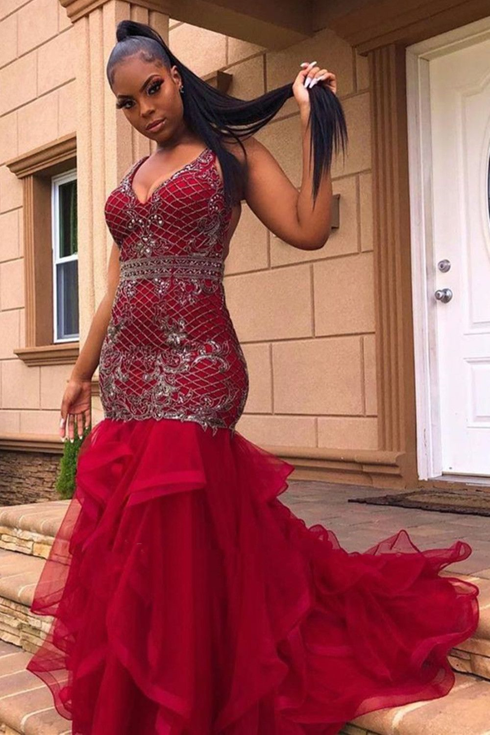 Sexy Halter Backless Long Mermaid Prom Dresses Sequin Lace Applique Tiered Glitter African Women Prom Brithday Party Gowns 2023 Formal Evening Dress
