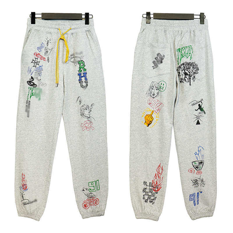 High Rhude Street Cartoon Graffiti Hand Drawn Loose Casual Trousers for Men and Women Thin Sports Pants Fashion
