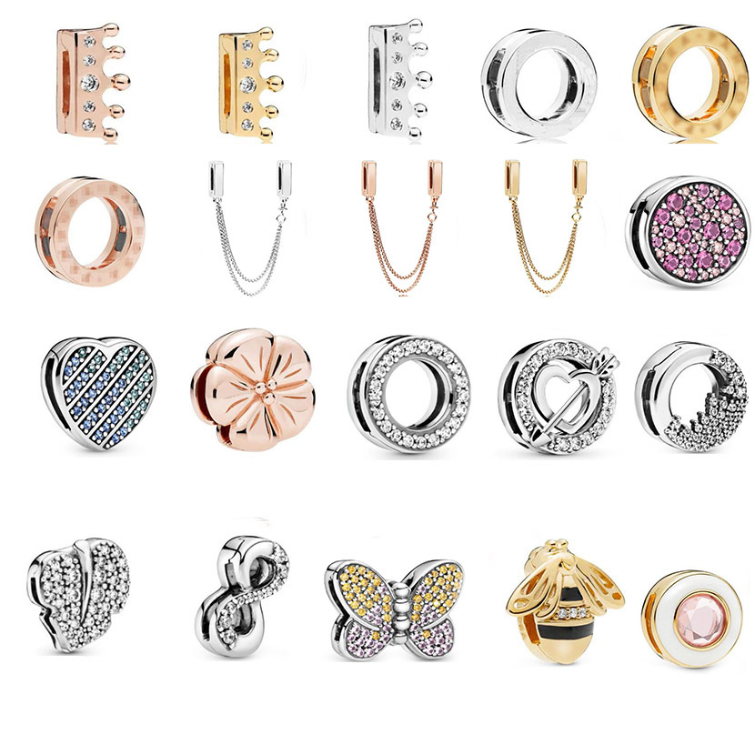 925 Fashionable Pandora Sterling Silver Charm Flat Chain Bracelet Logo Crown Butterfly Clip