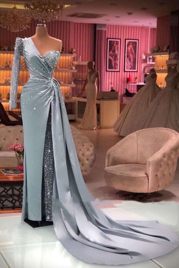 Elegant Arabic One Shoulder Formal Evening Dresses Satin And Sequined Sheath Long Prom Dress With Detachabe Train Side Slit Pleats Beaded Special Occa