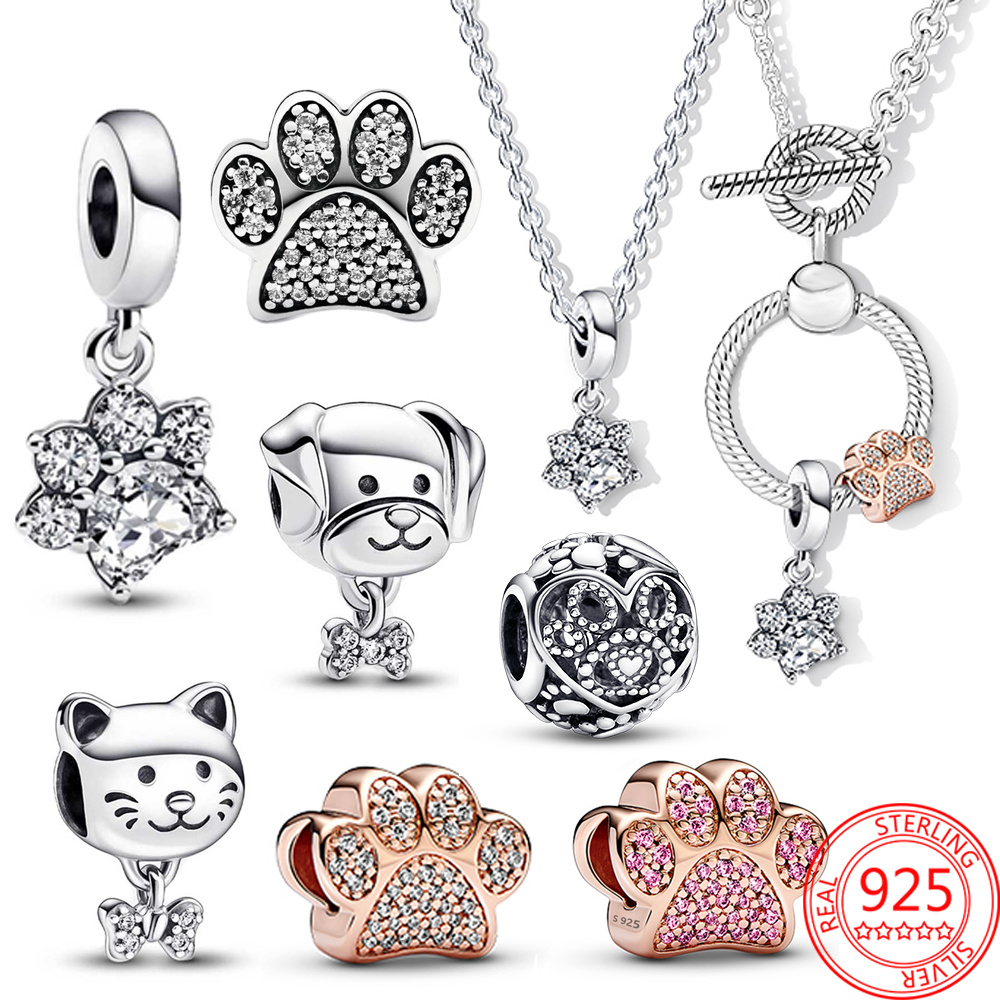Pet Pendant S925 Sterling Silver Dog Cat and Fur Printed Jewelry Charm Suitable for Bracelet DIY Fashion Jewelry