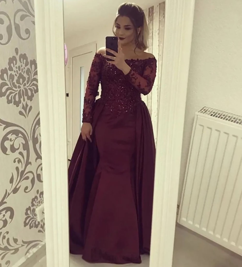 Burgundy Prom Party Gown Formal Evening Dresses Girls Pageant Mermaid Off-Shoulder Long Sleeve Applique Beaded Satin Custom New Plus Size