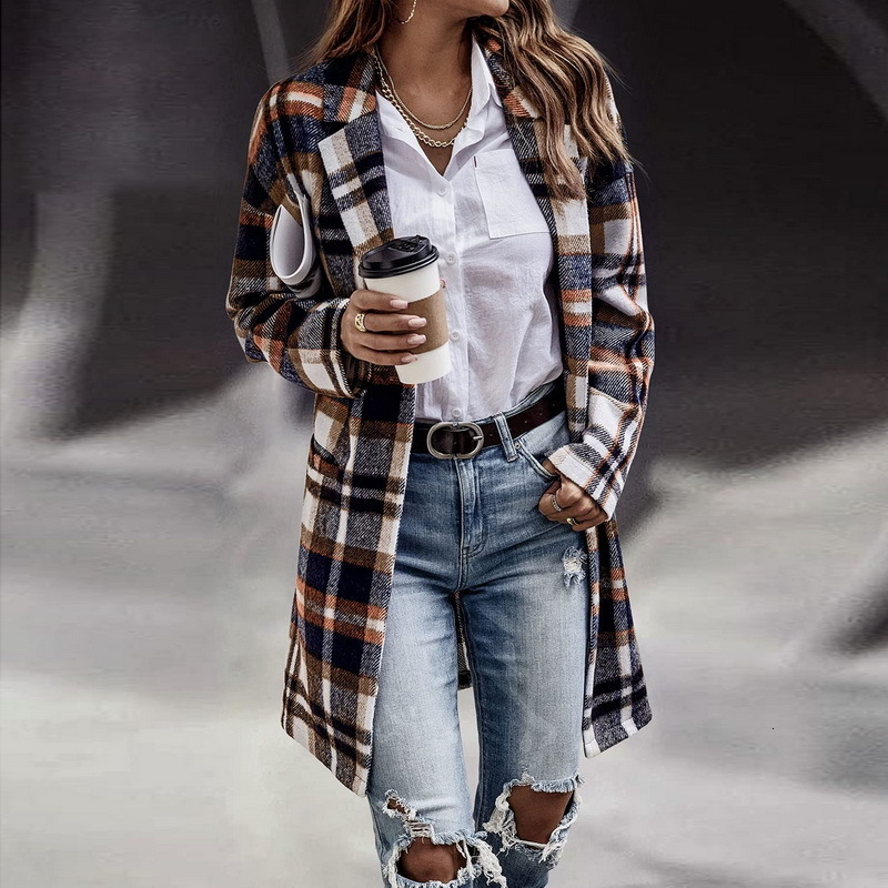 Women s Jackets Plaid Shacket Jacket Casual Button Lapel Wool Blend Trench Coat with Pockets Long Sleeve Outerwear 230303