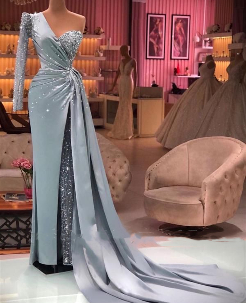 Elegant Arabic One Shoulder Formal Evening Dresses Satin And Sequined Sheath Long Prom Dress With Detachabe Train Side Slit Pleats Beaded Special Occa