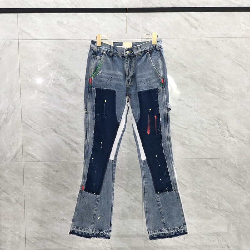23SS Men USA Zipper Patchwork Denim Pants Splash Ink Jeans High street Trousers Bell Bottoms, Blue
23SS Men USA Zipper Patchwork Denim Pants Splash Ink Jeans High street Trousers Bell Bottoms, Blue