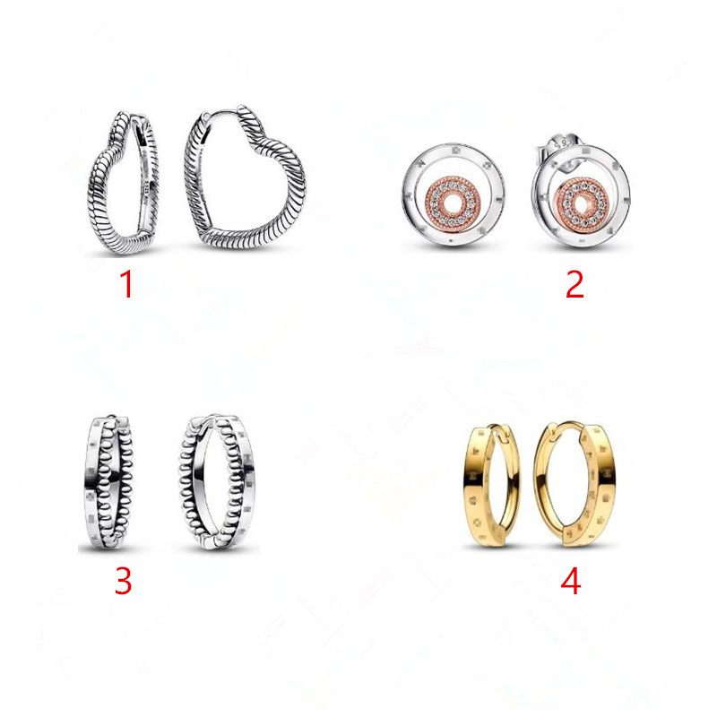 925 Sterling Silver for Women Pandora Earrings ,New Snake-bone Shape Heart-shaped Earrings Multi-ring Round Gold Earrings