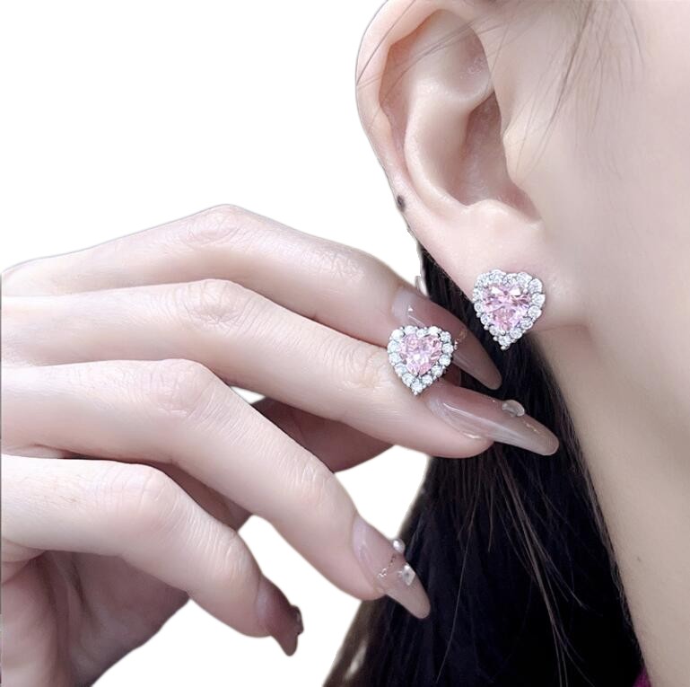 Sterg Sier Heart Pink Cubic Zirconia Wedding Jewelry Set - Open Ring, Stud Earrings, Clavicle Necklace dh910320090