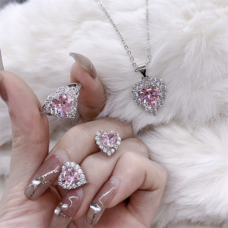 Sterg Sier Heart Pink Cubic Zirconia Wedding Jewelry Set - Open Ring, Stud Earrings, Clavicle Necklace dh910320090
