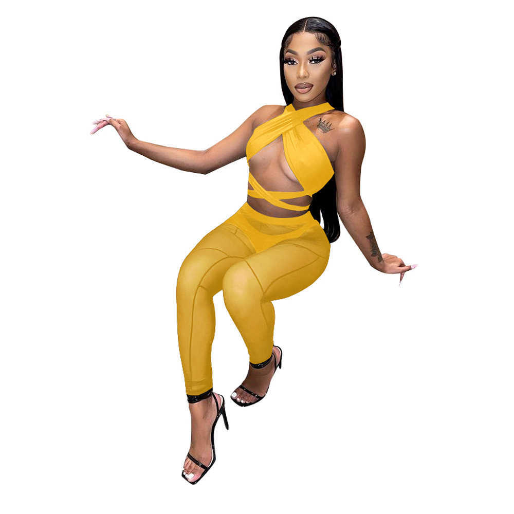 women's clothing spring and summer new hollow neck cross mesh splicing perspective three piece set for women