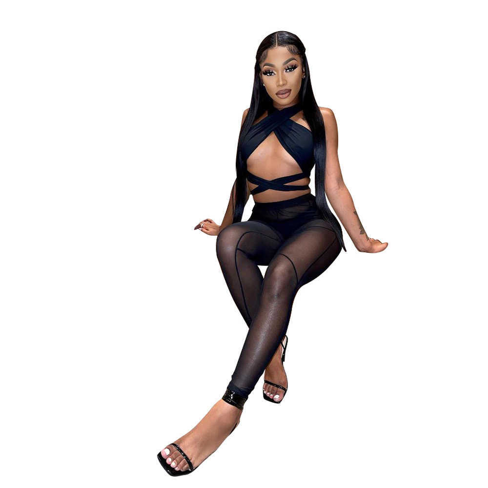 women's clothing spring and summer new hollow neck cross mesh splicing perspective three piece set for women