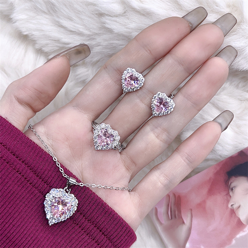 Sterg Sier Heart Pink Cubic Zirconia Wedding Jewelry Set - Open Ring, Stud Earrings, Clavicle Necklace dh910320090
