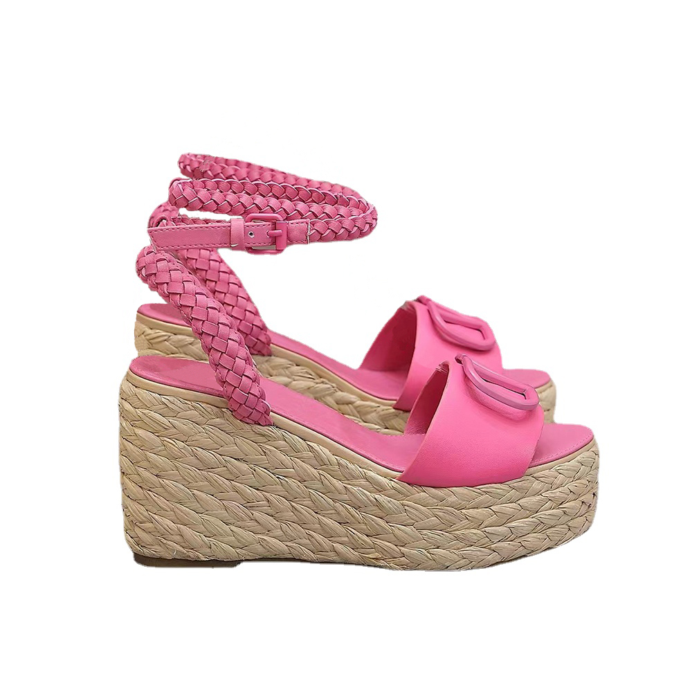 Straw woven ankle strap wedge platform sandals Metal buckle decoration Women's high-heeled shoes slides suede luxury designer shoes for factory footwear 35-42, Gold 
Straw woven ankle strap wedge platform sandals Metal buckle decoration Women's high-heeled shoes slides suede luxury designer shoes for factory footwear 35-42, Gold