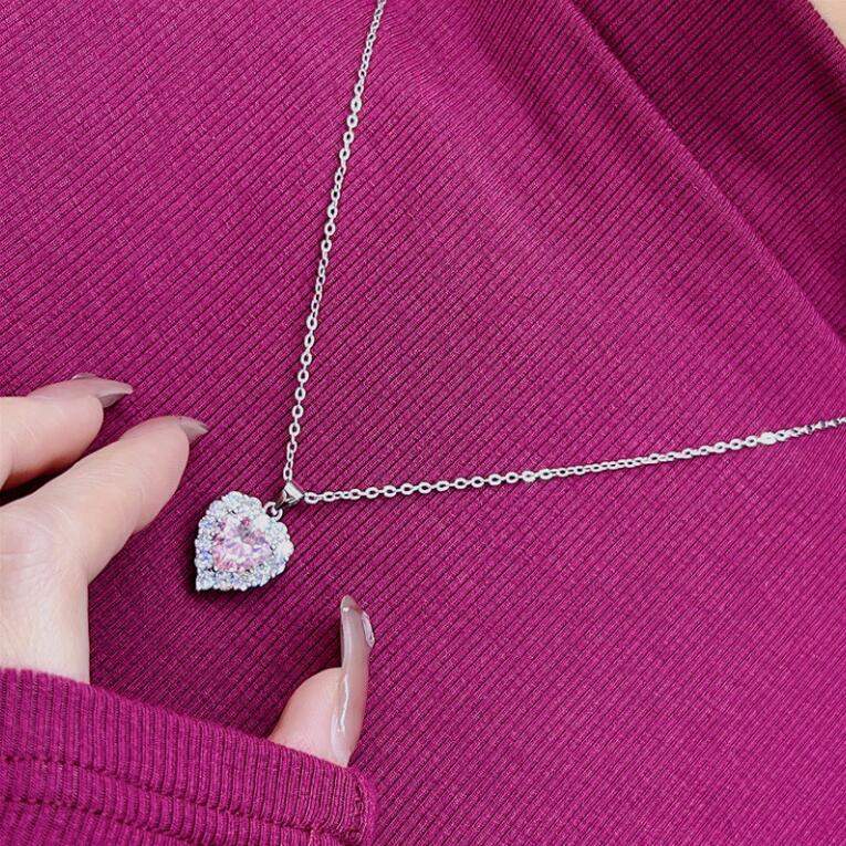 Sterg Sier Heart Pink Cubic Zirconia Wedding Jewelry Set - Open Ring, Stud Earrings, Clavicle Necklace dh910320090