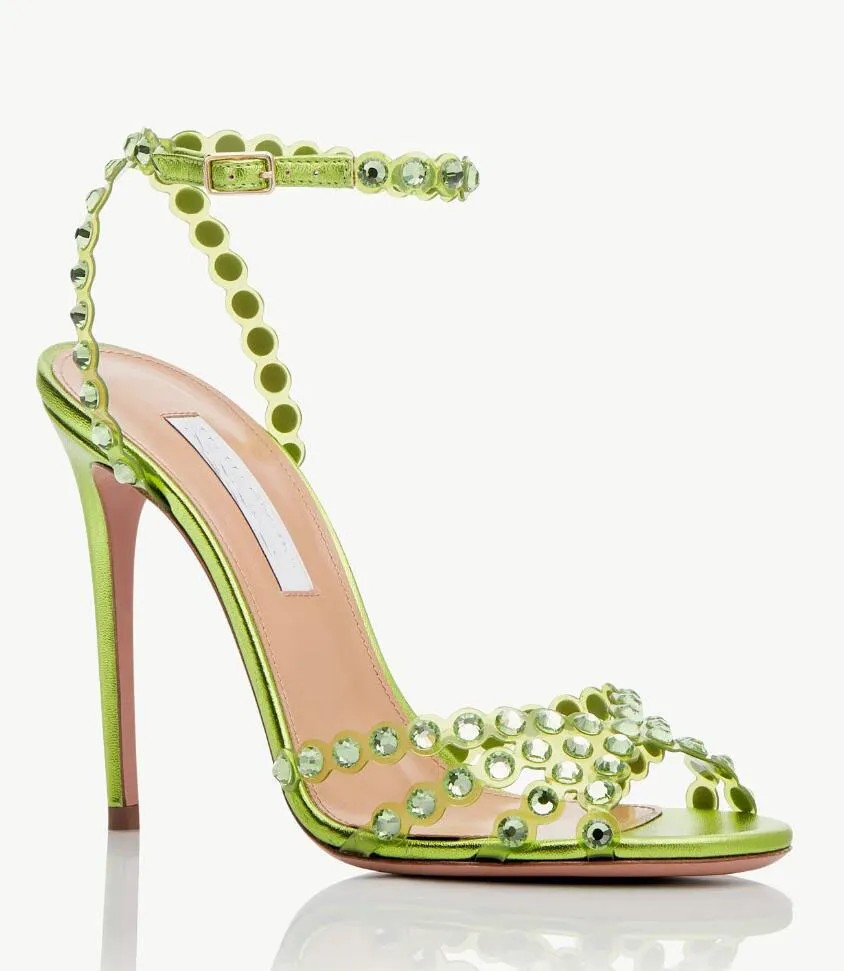 Luxury Summer Brand Women Tequila Sandals Shoes Aquazzuras High Heels Lady Pumps Crystal-embellished Dress Bridal Wedding Gladiator Sandalias EU35-43