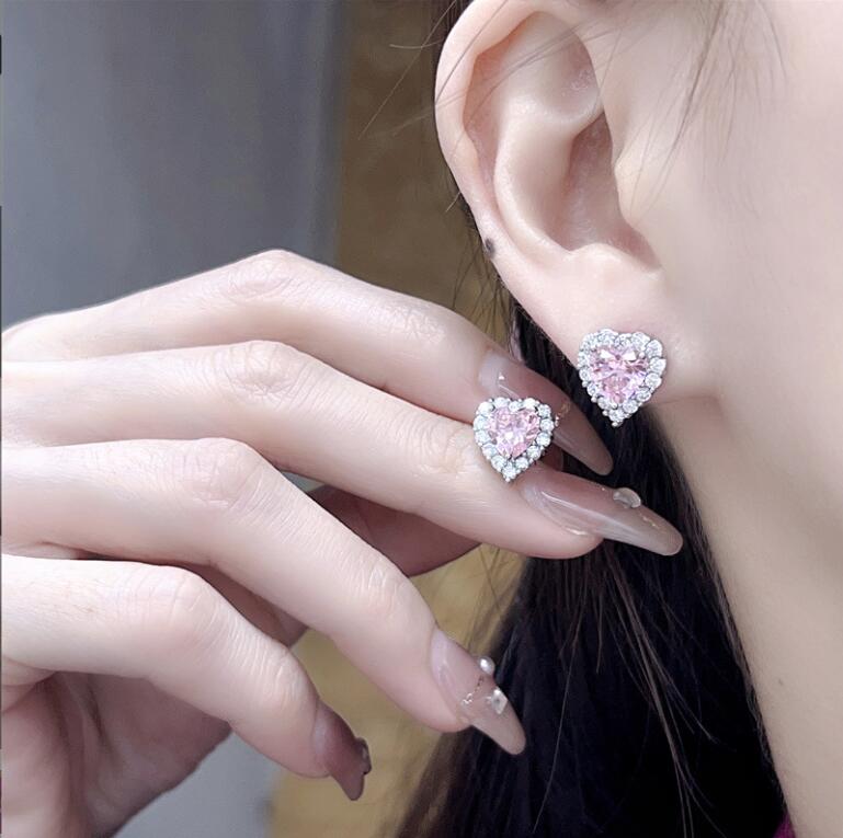 Sterg Sier Heart Pink Cubic Zirconia Wedding Jewelry Set - Open Ring, Stud Earrings, Clavicle Necklace dh910320090