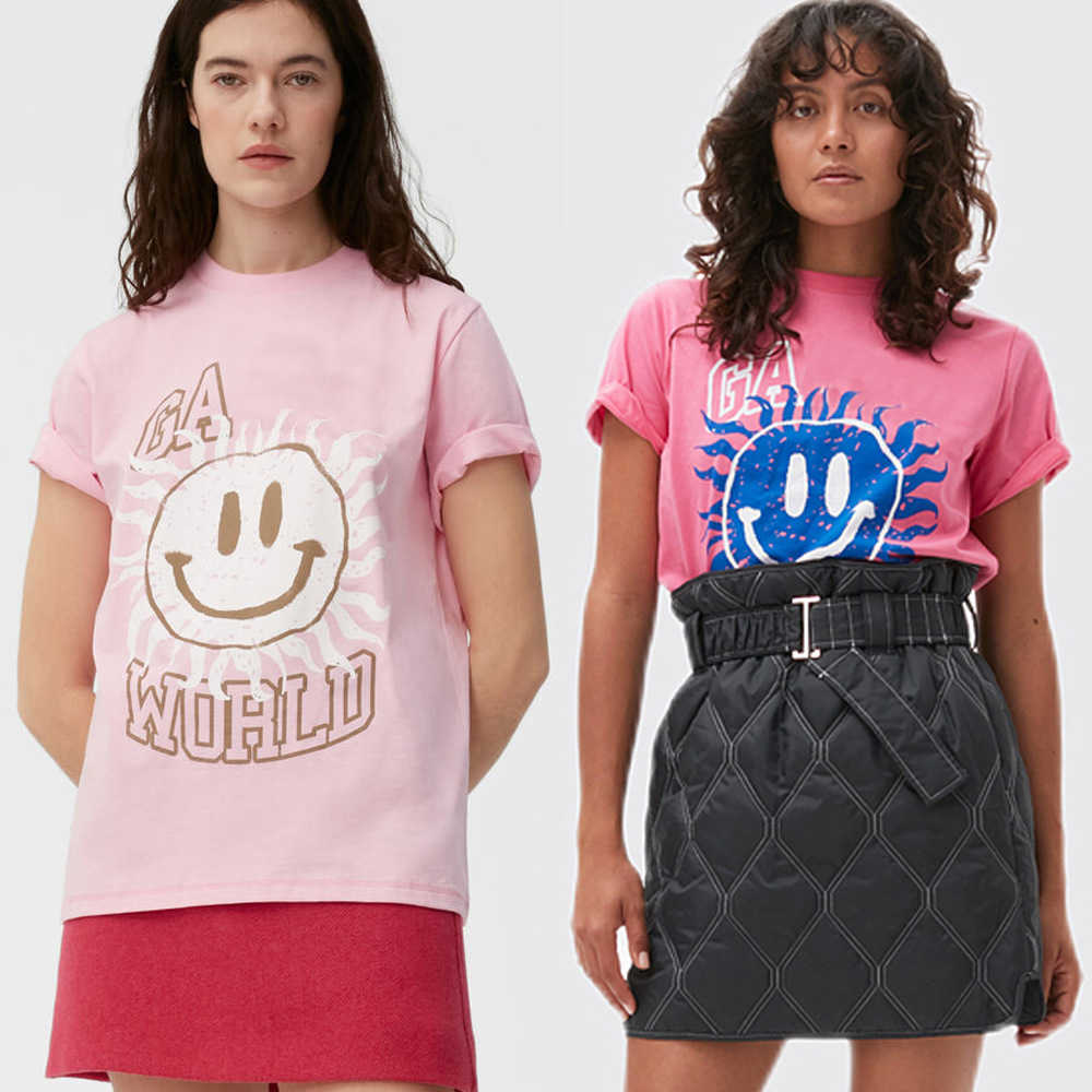 23ss Ganni Women Designer T shirt Sun Smiling Face Print Round Fashion Tops Neck Loose Versatile Casual T-shirt Female Short Sleeve, Pink (spot)
23ss Ganni Women Designer T shirt Sun Smiling Face Print Round Fashion Tops Neck Loose Versatile Casual T-shirt Female Short Sleeve, Pink (spot)