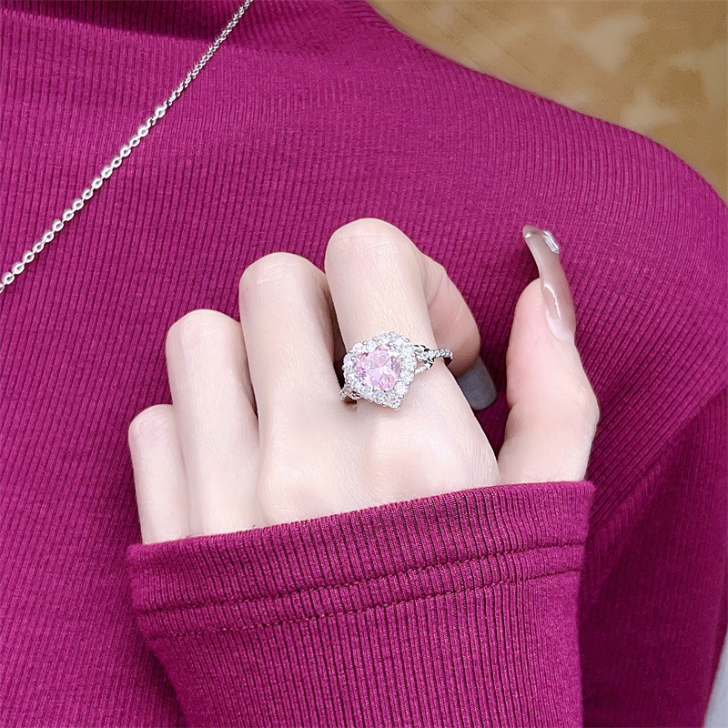 Sterg Sier Heart Pink Cubic Zirconia Wedding Jewelry Set - Open Ring, Stud Earrings, Clavicle Necklace dh910320090