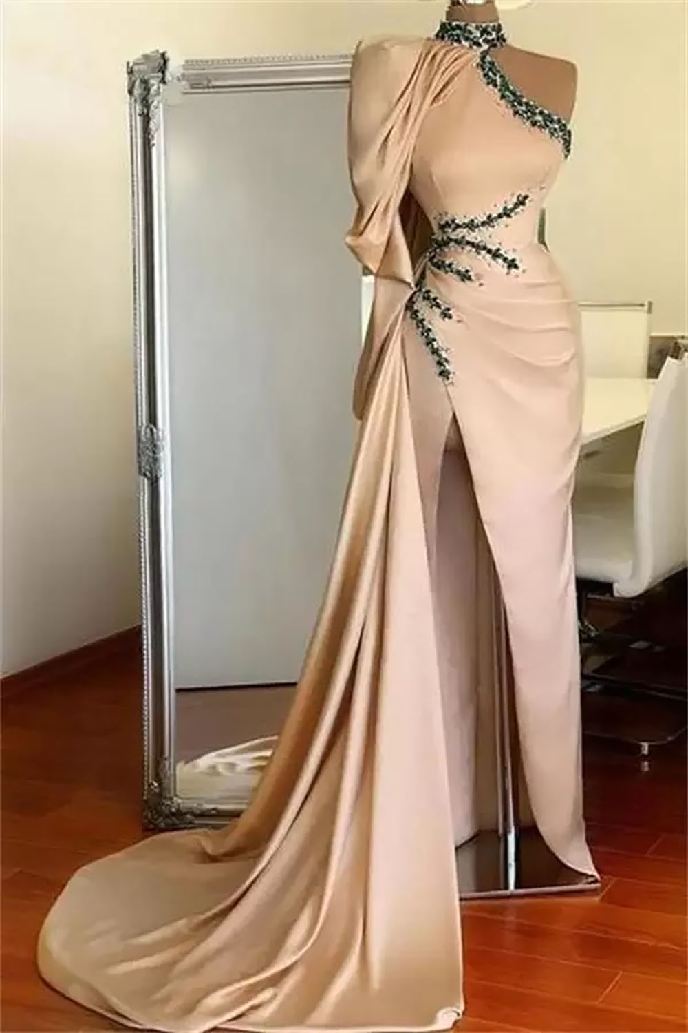 Prom Party Gown Formal Evening Dresses Custom Plus Size Girls Pageant New Satin Floor-Length Sleeveless High Neck Crystal Beaded Pleat Thigh-High Slit