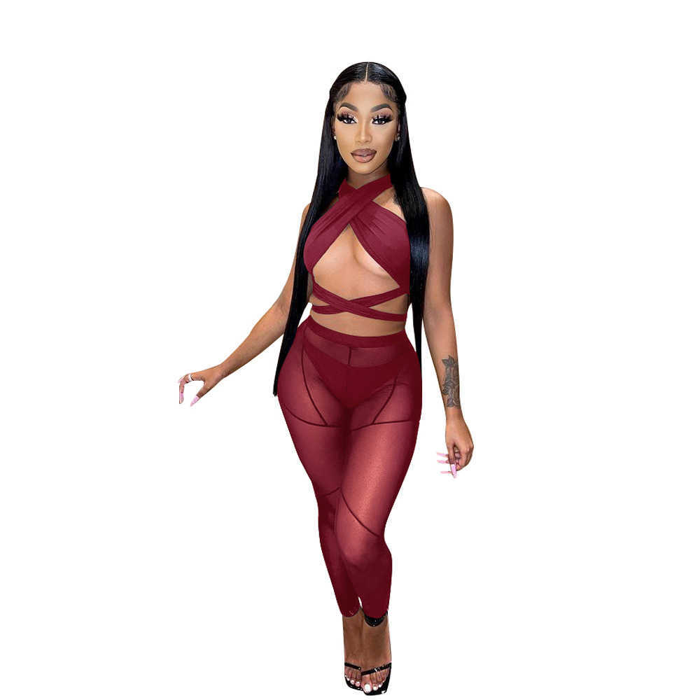 women's clothing spring and summer new hollow neck cross mesh splicing perspective three piece set for women