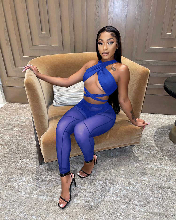 women's clothing spring and summer new hollow neck cross mesh splicing perspective three piece set for women