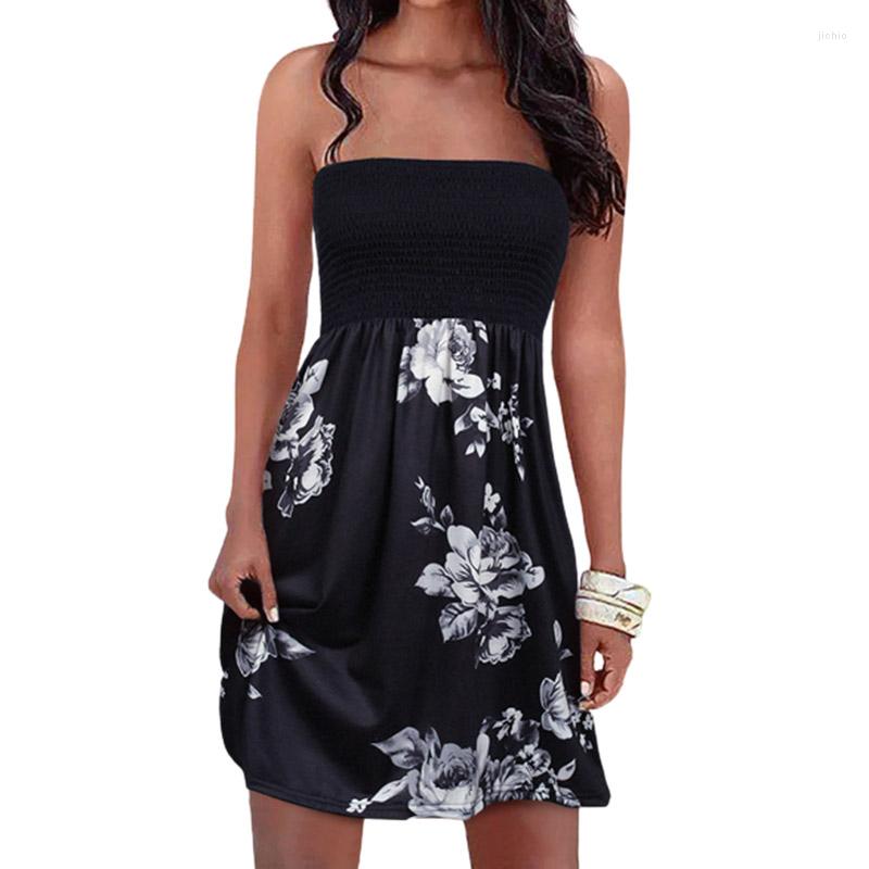 Casual Dresses Summer For Women Floral Smocked Waist Strapless Ruffled Mini Dress Beach Cover Ups Boho Bandeau Sundress 2023