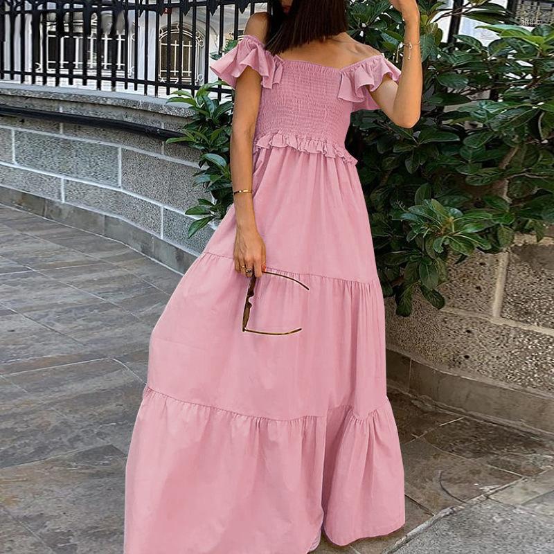 Casual Dresses Women Dress Spring Summer Banquet Loose High Waist Ruffled Stitching Long Temperament Tube Solid Color Big Pendulum