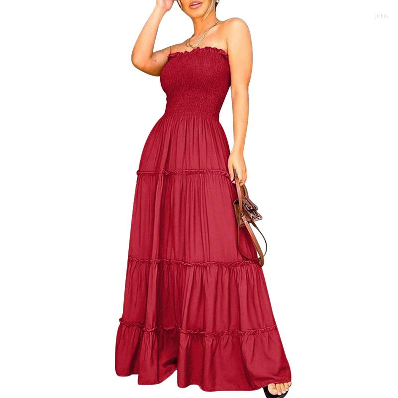 Casual Dresses Women Dress Spring Summer Banquet Loose High Waist Ruffled Stitching Long Temperament Tube Solid Color Big Pendulum